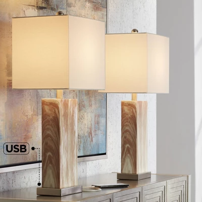 360 Lighting Connie Modern Table Lamps Set Of 2 25" High Brown Faux Marble With USB Charging Port White Rectangular Shade For Living Room Office Desk 1 360 Lighting Connie Modern Table Lamps Set Of 2 25" High Brown Faux Marble With USB Charging Port White Rectangular Shade For Living Room Office Desk