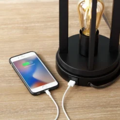 360 Lighting Marcel Industrial Table Lamps Set Of 2 With Round Risers 24 1/4" High Black LED Nightlight USB Port Natural Shade For Living Room Desk