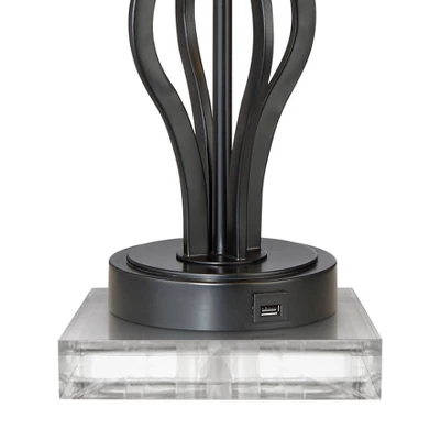 360 Lighting Heather Modern Table Lamps Set Of 2 With Square Risers 27 1/4" Tall Dark Iron USB Charging Port Burlap Drum Shade For Bedroom Living Room 3 360 Lighting Heather Modern Table Lamps Set Of 2 With Square Risers 27 1/4" Tall Dark Iron USB Charging Port Burlap Drum Shade For Bedroom Living Room - Image 3