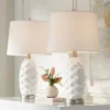 360 Lighting LED Modern Coastal Accent Table Lamps 24 1/2" High Set Of 2 Scalloped White Ceramic Drum Shade For Bedroom Living Room Bedside Nightstand