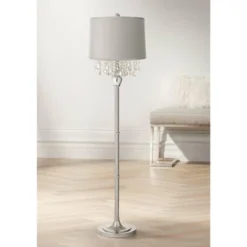 360 Lighting Modern Floor Lamp 62.5" Tall Satin Steel Chrome Crystal Chandelier Platinum Gray Silk Drum Shade For Living Room Reading Bedroom