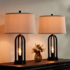 360 Lighting Marcel Industrial Table Lamps 24 1/4" High Set Of 2 Black With LED Nightlight USB Port Natural Shade For Bedroom Living Room House Desk -360 Lighting Outlet Store GUEST 19fbf235 659f 46e3 8dd6 aac101f235be