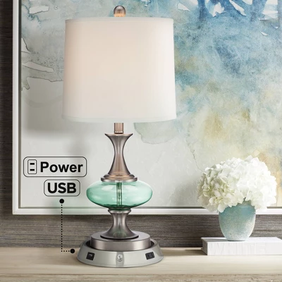 360 Lighting Reiner Modern Accent Table Lamp 23" High Blue Green Glass Nickel With USB And AC Power Outlet In Base Off White Drum Shade For Home Desk 1 360 Lighting Reiner Modern Accent Table Lamp 23" High Blue Green Glass Nickel With USB And AC Power Outlet In Base Off White Drum Shade For Home Desk