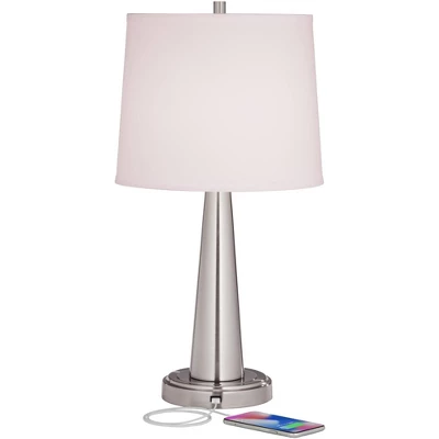 360 Lighting Karla Modern Table Lamps 25" High Set Of 2 Brushed Steel Column With USB Charging Port White Fabric Shade For Bedroom Living Room Desk 2 360 Lighting Karla Modern Table Lamps 25" High Set Of 2 Brushed Steel Column With USB Charging Port White Fabric Shade For Bedroom Living Room Desk - Image 2