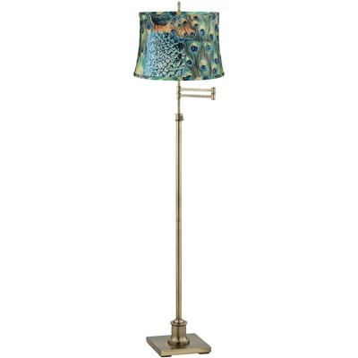 360 Lighting Swing Arm Floor Lamp Adjustable Height 70" Tall Antique Brass Peacock Print Drum Shade Living Room Reading Bedroom 1 360 Lighting Swing Arm Floor Lamp Adjustable Height 70" Tall Antique Brass Peacock Print Drum Shade Living Room Reading Bedroom