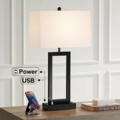 360 Lighting Modern Table Lamp With USB And AC Power Outlet 30" Tall Black Metal White Rectangle Shade For Living Room Bedroom House