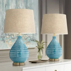 360 Lighting Modern Table Lamps 24" High Set Of 2 Coastal Ceramic Sky Blue Glaze Linen Fabric Drum Shade For Living Room Family Bedroom