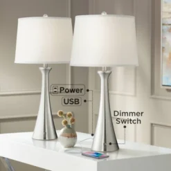 360 Lighting Karl Modern Table Lamps 27 1/2" Tall Set Of 2 Brushed Nickel With USB And Outlet White Drum Shade For Bedroom Living Room House Bedside