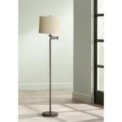 360 Lighting Modern Swing Arm Floor Lamp 60.5" Tall Bronze Natural Linen Drum Shade For Living Room Reading Bedroom Office
