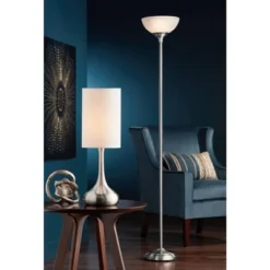 360 Lighting Modern Table Lamp 24.5" High Brushed Steel Droplet White Cylinder Shade For Living Room Family Bedroom Bedside Nightstand -360 Lighting Outlet Store GUEST 55c31dbd e4aa 4124 9f9e 863eaa34923f 1