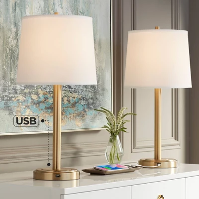 360 Lighting Camile Modern Table Lamps 25" High Set Of 2 Brass Metal With USB Charging Port Oatmeal Drum Shade For Bedroom Living Room Bedside Desk 1 360 Lighting Camile Modern Table Lamps 25" High Set Of 2 Brass Metal With USB Charging Port Oatmeal Drum Shade For Bedroom Living Room Bedside Desk