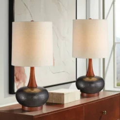 360 Lighting Andi Modern Mid Century Table Lamps 24 1/2" High Set Of 2 Hammered Brown Ceramic Red Oak Off White Shade For Bedroom Living Room Desk