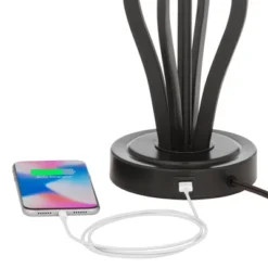 360 Lighting Heather Modern Industrial Table Lamps 25 3/4" High Set Of 2 Dark Iron With USB Charging Port Black Faux Silk Drum Shade For Bedroom Desk