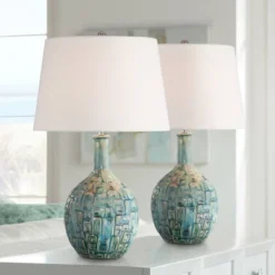 360 Lighting Mid Century Modern Table Lamps 26" High Set Of 2 Ceramic Teal Glaze Handcrafted White Empire Shade For Living Room (Colors May Vary)