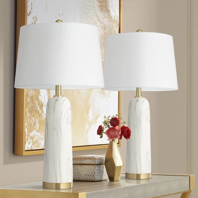 360 Lighting Maceao Modern Table Lamps 28" Tall Set Of 2 White Faux Marble Tapered Drum Shade For Bedroom Living Room Bedside Nightstand Office House 1 360 Lighting Maceao Modern Table Lamps 28" Tall Set Of 2 White Faux Marble Tapered Drum Shade For Bedroom Living Room Bedside Nightstand Office House