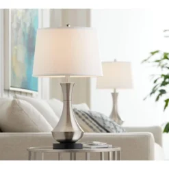 360 Lighting Simon Modern Table Lamps 25 1/2" High Set Of 2 Brushed Nickel With USB Charging Port White Fabric Drum Shade For Bedroom Living Room Desk -360 Lighting Outlet Store GUEST 9720b799 16c4 428e 9769 9e0d90f9cf62