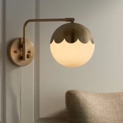 360 Lighting Kelowna Mid Century Modern Swing Arm Wall Lamp Brass Plug-in Light Fixture Globe Glass Shade For Bedroom Bedside Living Room Reading Home -360 Lighting Outlet Store GUEST aa06da5c caf8 42b4 8661 25daa875f369