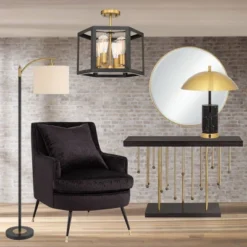 360 Lighting Rayna Mid Century Modern Downbridge Floor Lamp 61 1/2" Tall Black Gold Metal Off White Linen Drum Shade For Living Room Reading Bedroom -360 Lighting Outlet Store GUEST b2cb1bba 72d8 4838 bb74 d79e6f3f5c32