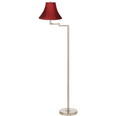 360 Lighting Modern Swing Arm Floor Lamp 60.5" Tall Brushed Nickel Red Silk Dupioni Bell Shade For Living Room Reading Bedroom Office 2 360 Lighting Modern Swing Arm Floor Lamp 60.5" Tall Brushed Nickel Red Silk Dupioni Bell Shade For Living Room Reading Bedroom Office - Image 2