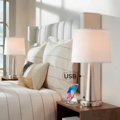 360 Lighting Karla Modern Table Lamps 25" High Set Of 2 Brushed Steel Column With USB Charging Port White Fabric Shade For Bedroom Living Room Desk