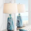 360 Lighting Carlton Modern Coastal Table Lamps 28" Tall Set Of 2 Swirling Blue Faux Marble White Tapered Drum Shade For Bedroom Living Room Bedside