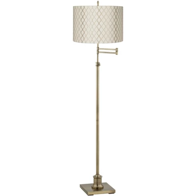 360 Lighting Swing Arm Floor Lamp Adjustable Height 70" Tall Antique Brass Off White Embroidered Hourglass Fabric Drum Shade Living Room 1 360 Lighting Swing Arm Floor Lamp Adjustable Height 70" Tall Antique Brass Off White Embroidered Hourglass Fabric Drum Shade Living Room