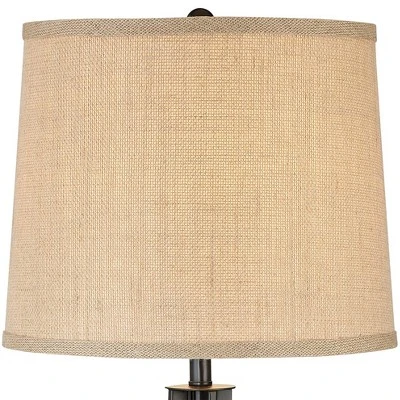 360 Lighting Heather Modern Table Lamps Set Of 2 With Square Risers 27 1/4" Tall Dark Iron USB Charging Port Burlap Drum Shade For Bedroom Living Room 2 360 Lighting Heather Modern Table Lamps Set Of 2 With Square Risers 27 1/4" Tall Dark Iron USB Charging Port Burlap Drum Shade For Bedroom Living Room - Image 2