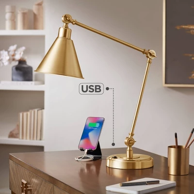 360 Lighting Wray Modern Desk Lamp 26 3/4" High Warm Brass Metal With USB Charging Port Adjustable Arm Head For Bedroom Living Room Bedside House Home 1 360 Lighting Wray Modern Desk Lamp 26 3/4" High Warm Brass Metal With USB Charging Port Adjustable Arm Head For Bedroom Living Room Bedside House Home