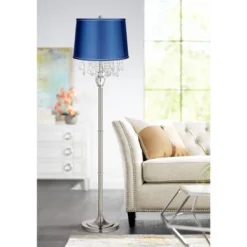 360 Lighting Modern Floor Lamp Standing 62 1/2" Tall Brushed Nickel Silver Crystals Medium Blue Satin Drum Shade For Living Room Bedroom Office House
