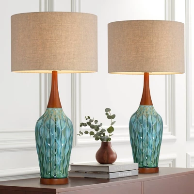 360 Lighting Rocco Modern Mid Century Table Lamps 30" Tall Set Of 2 Blue Teal Glaze Ceramic Linen Drum Shade For Bedroom Living Room Nightstand Home 1 360 Lighting Rocco Modern Mid Century Table Lamps 30" Tall Set Of 2 Blue Teal Glaze Ceramic Linen Drum Shade For Bedroom Living Room Nightstand Home