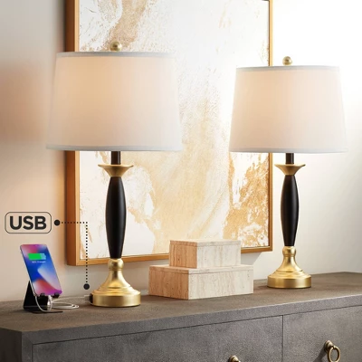 360 Lighting Kamila Traditional Table Lamps 27" Tall Set Of 2 Gold Black With Dual USB Charging Ports White Drum Shade For Bedroom Bedside Family Desk 1 360 Lighting Kamila Traditional Table Lamps 27" Tall Set Of 2 Gold Black With Dual USB Charging Ports White Drum Shade For Bedroom Bedside Family Desk