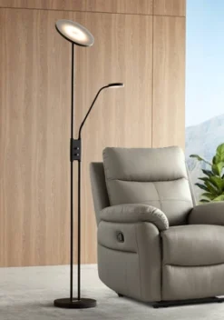 360 Lighting Taylor Modern Torchiere Floor Lamp With Side Light 72" Tall Satin Black LED Adjustable For Living Room Reading Bedroom Office House Home