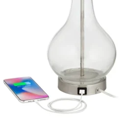 360 Lighting Modern Accent Table Lamps 21.75" High Set Of 2 With USB Charging Port Clear Glass Blue Drum Shade For Living Room Desk Bedroom Office -360 Lighting Outlet Store GUEST f6595bd8 793b 43e3 bb52 bb51684af625