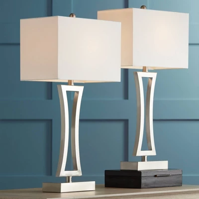 360 Lighting Roxie Modern Table Lamps 31" Tall Set Of 2 Brushed Nickel Metal Off White Fabric Rectangular Shade For Bedroom Living Room Bedside Office 1 360 Lighting Roxie Modern Table Lamps 31" Tall Set Of 2 Brushed Nickel Metal Off White Fabric Rectangular Shade For Bedroom Living Room Bedside Office