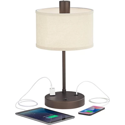 360 Lighting Colby Modern Desk Lamp 21" High Bronze With USB And AC Power Outlet In Base White Linen Drum Shade For Bedroom Living Room Office Family 2 360 Lighting Colby Modern Desk Lamp 21" High Bronze With USB And AC Power Outlet In Base White Linen Drum Shade For Bedroom Living Room Office Family - Image 2